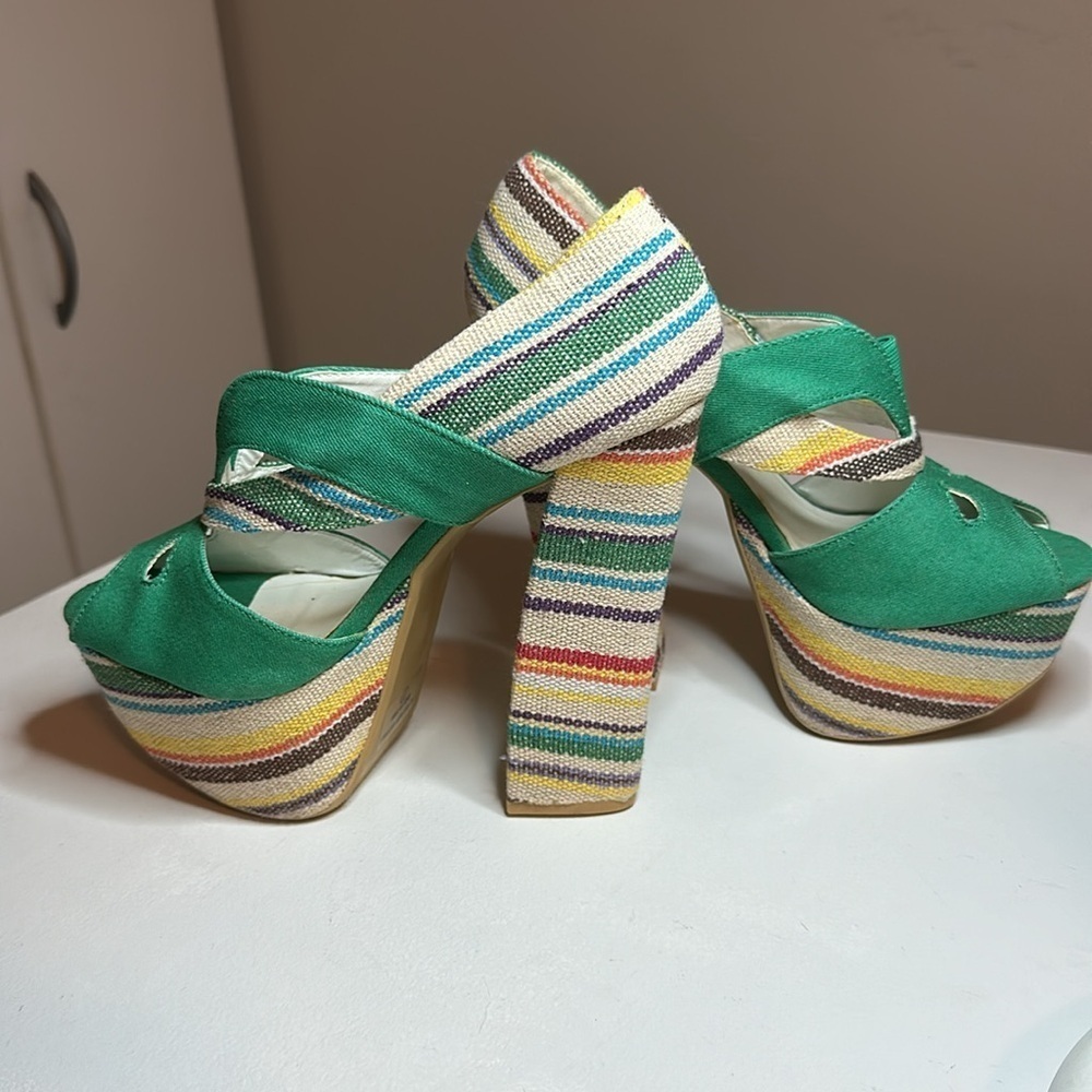🔥Women's Fahrenheit green denim block color open toe stiletto heels size 7 - Picture 12 of 14